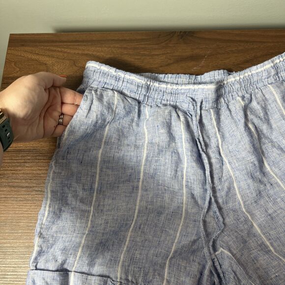 Ellen Tracy Old Money Coastal Women 100% Linen Shorts Size M Blue Striped - Picture 2 of 5